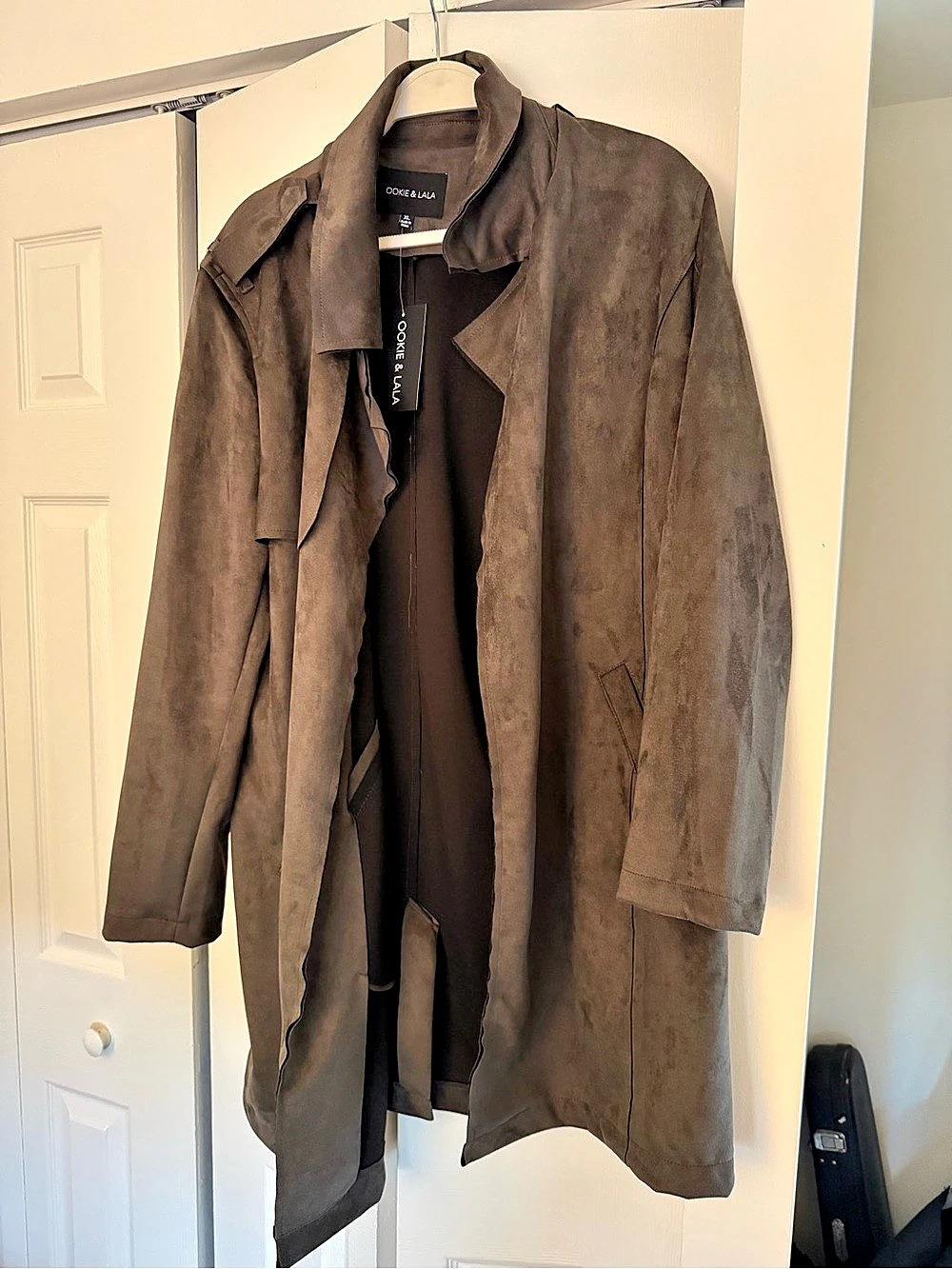 Ookie & Lala Dark Green Faux Suede Trench Coat Size XL NWT